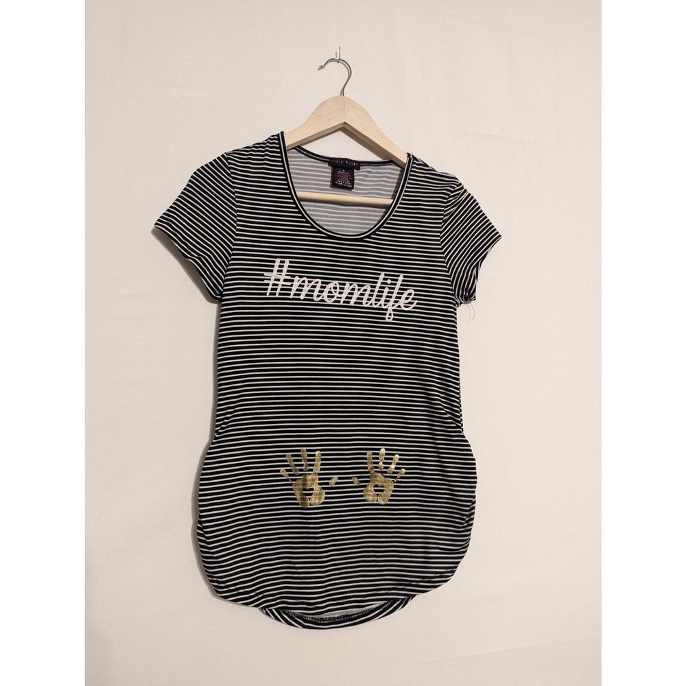 Maternity #momlife black and white striped shirt with gold baby hands size small